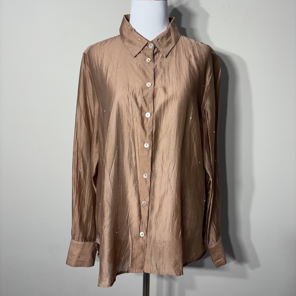 BAILEY 44 Blouse Womens Large Tan‎ Rhinestone Embellished Semi Sheer Button Up L